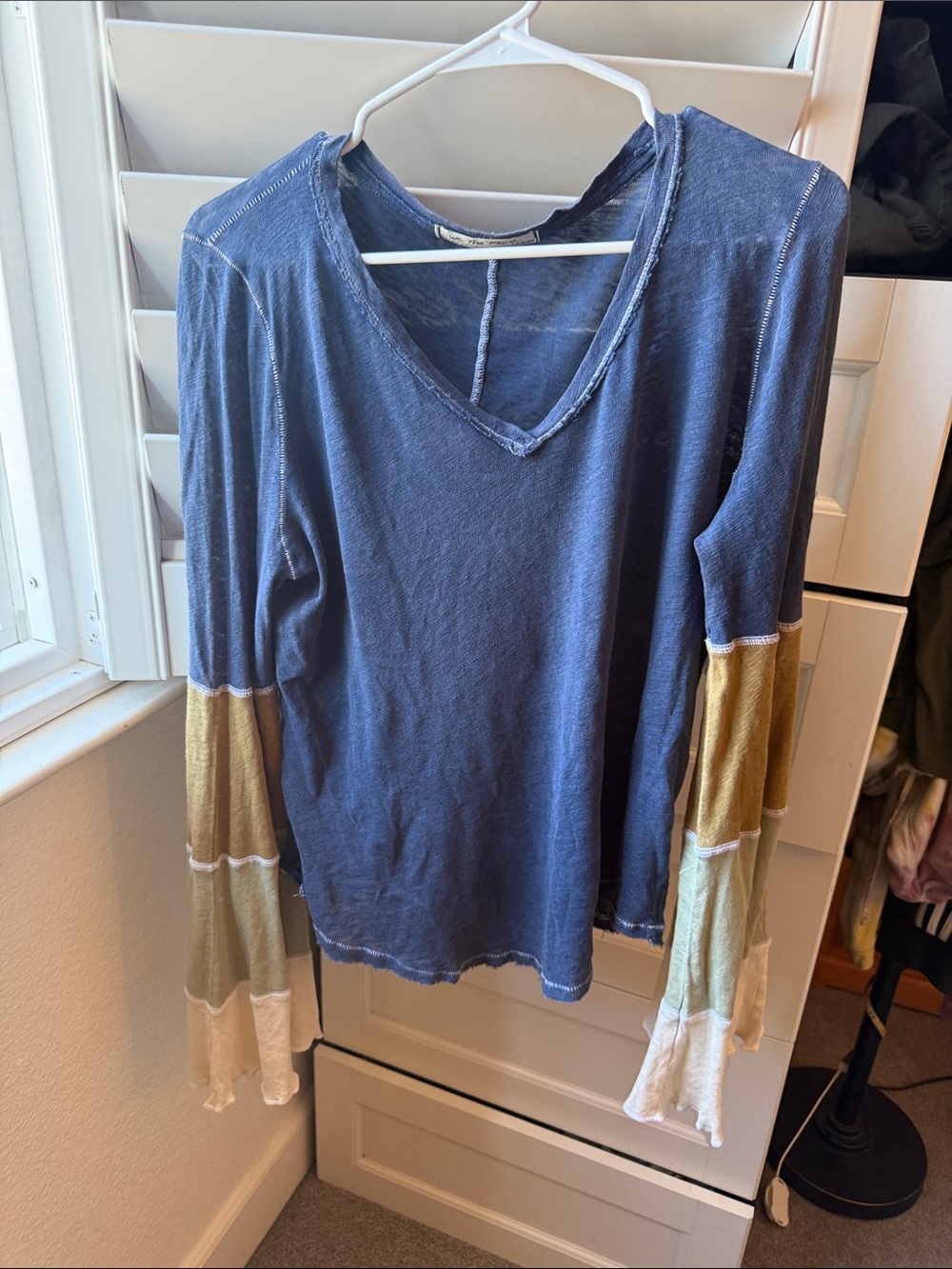Free People Blue V-Neck Long Sleeve Colorblock Top with Olive and Cream Sleeves